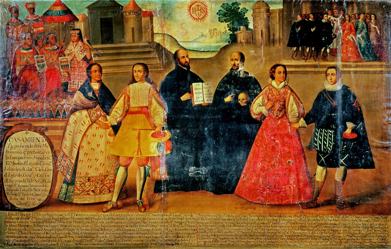 1558年、インカの2人の女性とスペイン人2人の間の二重の結婚式、1750年頃（パネル） 作： スペイン語学校