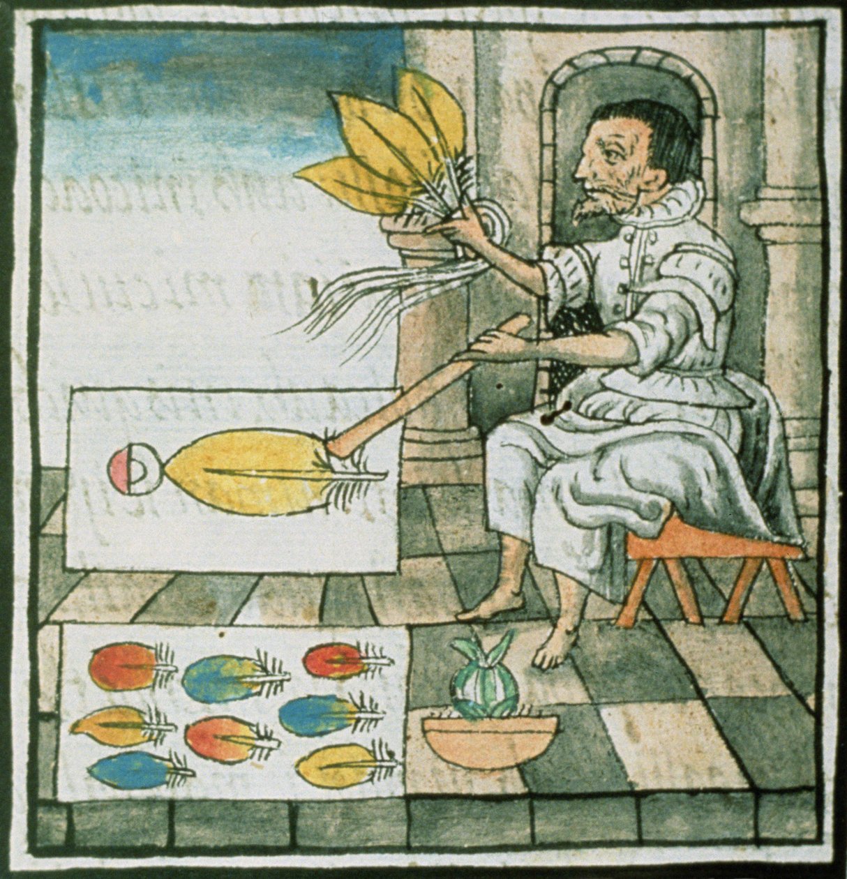Ms Palat 218-220 Book IXベルナルディーノデサアグンによる「Florentine Codex」からのアステカの羽職人、c.1540-85 作： スペイン語学校