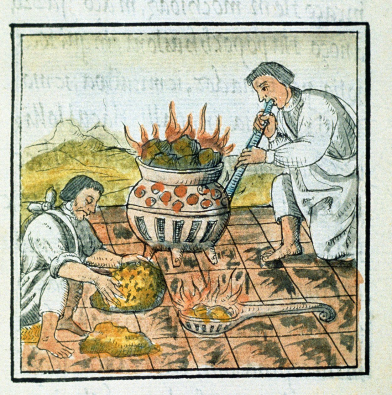 パラットさん218-220 Book IXアステカ帝国での金の溶解と鋳造、ベルナディーノデサアグンによる「Florentine Codex」から、c.1540-85 作： スペイン語学校