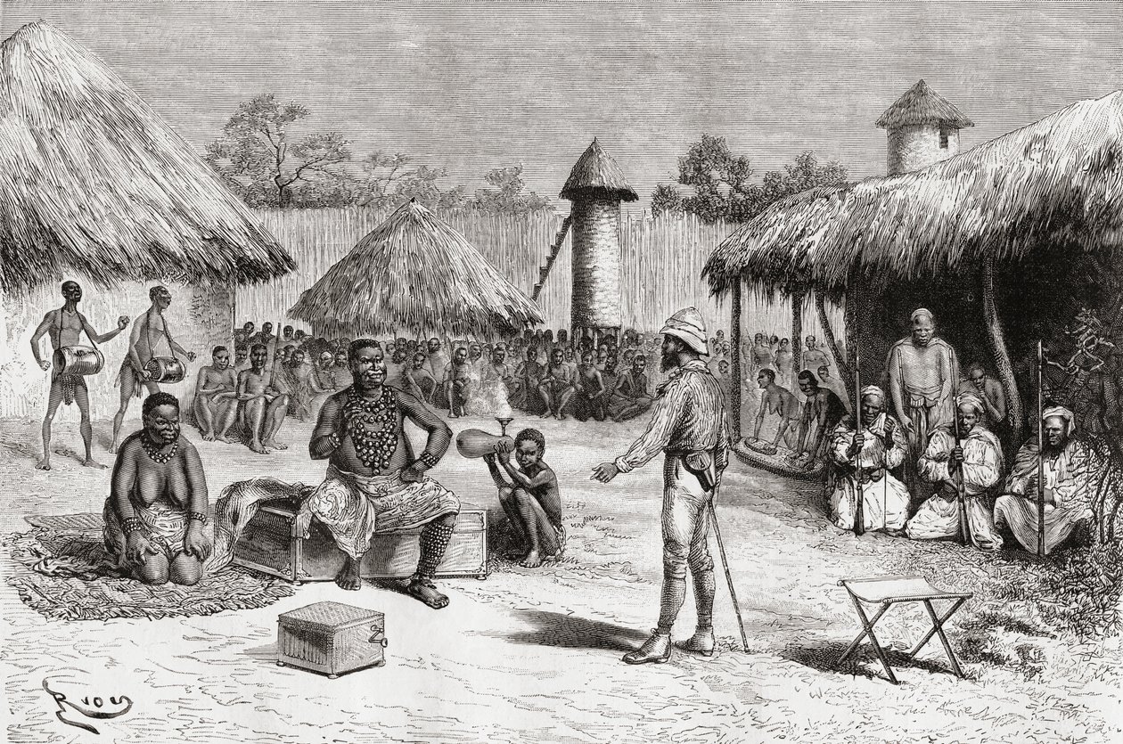 1888年に出版された「アフリカピントレスカ」のケティムクル首長の家、中央アフリカ、ウエンバにある探検家ピエトロパオロサヴォルニャンディブラザのレセプション 作： スペイン語学校