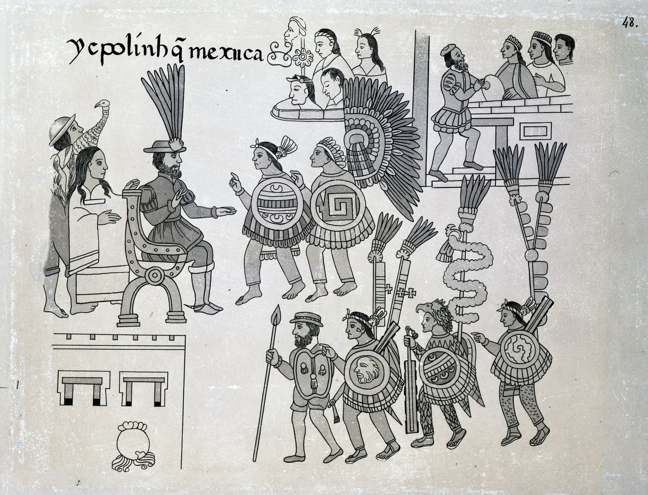 最後のアステカ皇帝クアウテモック降伏、アルフレドチャヴェロ作「Antiguedades Mexicanas」のプレート、1892年 作： スペイン語学校