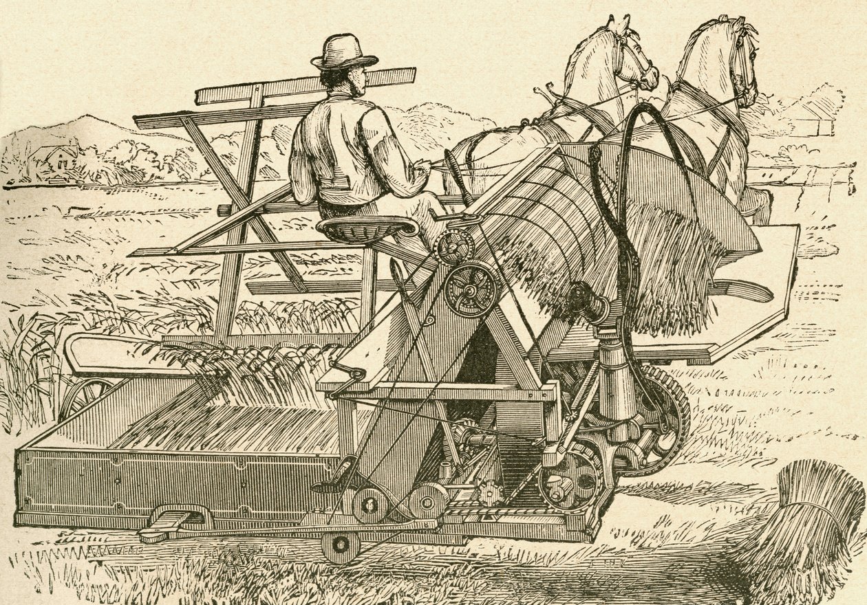 Uma máquina de colheita, puxada por cavalos, que amarrava as roldanas de milho mecanicamente, usada no final do século XIX. De El Museo Popular publicado Madrid 作： スペイン語学校