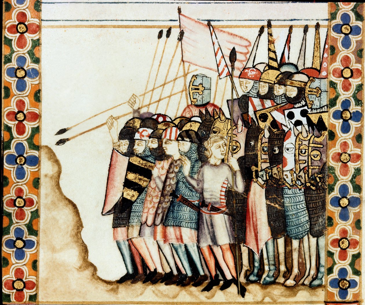 Armee des croises 聖母マリアの歌（Cantigas de Santa Maria）の写本のページの詳細 聖母マリアとその奇跡に捧げられた細密画を飾るもので、賢者アルフォンソ10世（1221-1284）の下で再制作された歌集。 作： スペイン語学校