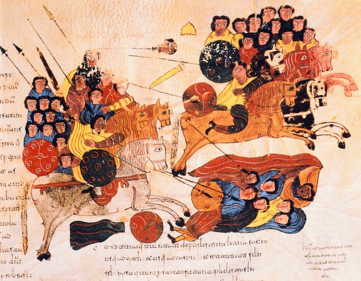 ヘブライ人とペリシテ人の間の戦い、聖イシドルの西ゴート時代のモザラビック聖書、フォア119r。、AD 960（ベラムのテンペラ） 作： スペイン語学校