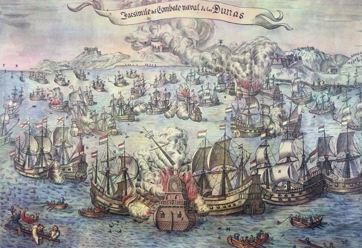 ダウンズの戦い、1639 年 10 月 21 日 (色付きの彫刻) 作： スペイン語学校