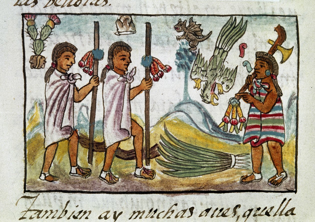 メキシコ征服の写本：ツィナカントランで変装した商人たち。ベルナルディーノ・デ・サハグンによるフィレンツェ写本「アステカの歴史」のミニチュア。 作： スペイン語学校