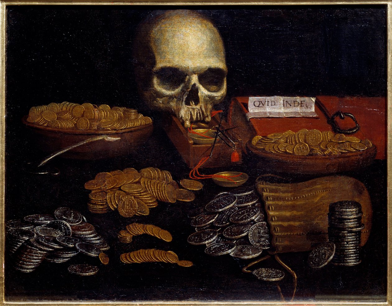 Coin Vanity 過ぎ去る時間と死、富と人間の快楽の寓意。スペイン派の絵画。17世紀 ルーアン、美術館 作： スペイン語学校
