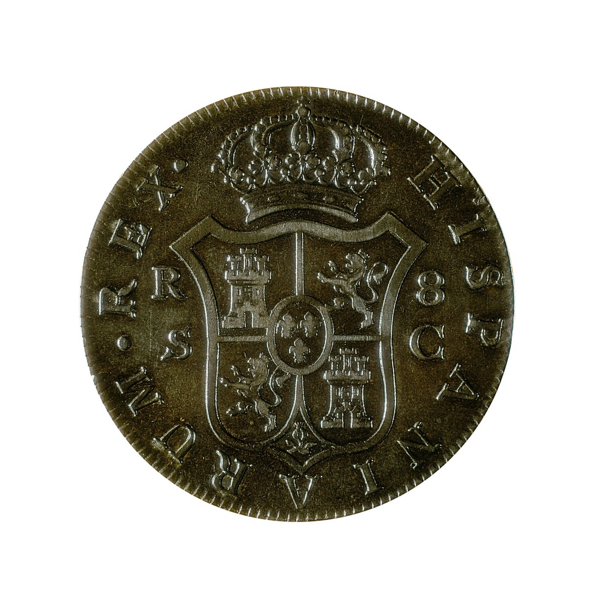 シャルル4世（1748-1819）の時代にセビリアで鋳造されたカスティーリャの通貨、8スペインレアルのコイン。 作： スペイン語学校