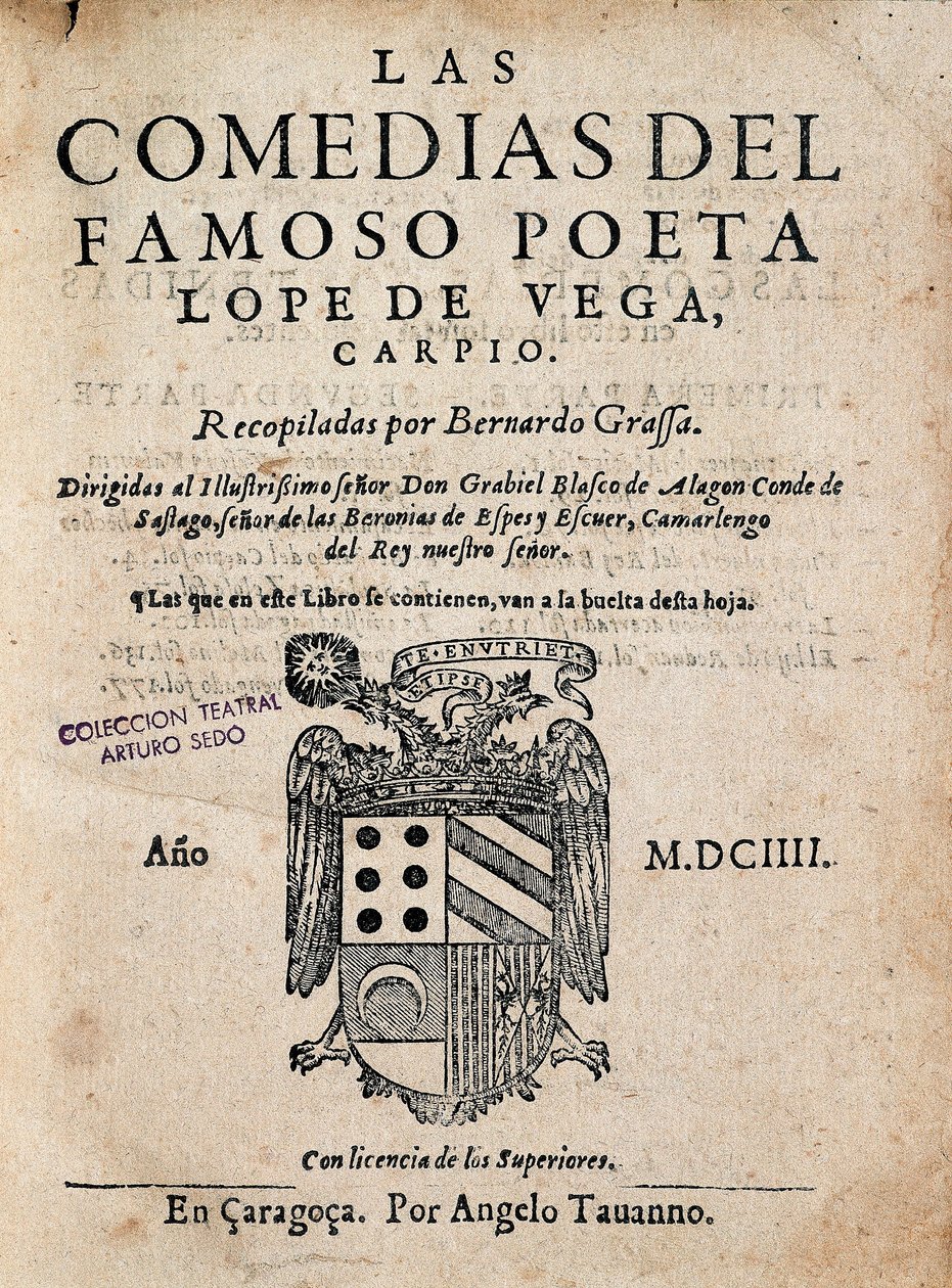 フェリックス・ロペ・デ・ベガ・カルピオ（1562-1635）の『Las comedias del famoso poeta Lope de Vega』の表紙、1604年版（印刷された単行本）。 作： スペイン語学校