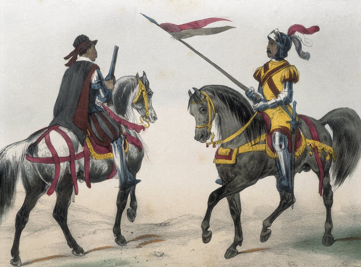 DE SOTTO, Serafin Maria, Earl of Clonard (1793 - 1862).スペイン幼年・少年・騎兵武器組織史。1851 - 1859.スペインのフィリップ2世時代の騎兵隊。「Heraldo de caballeria"（騎兵隊の紋章）と "hombre de armas"（騎兵隊の紋章）。 作： スペイン語学校