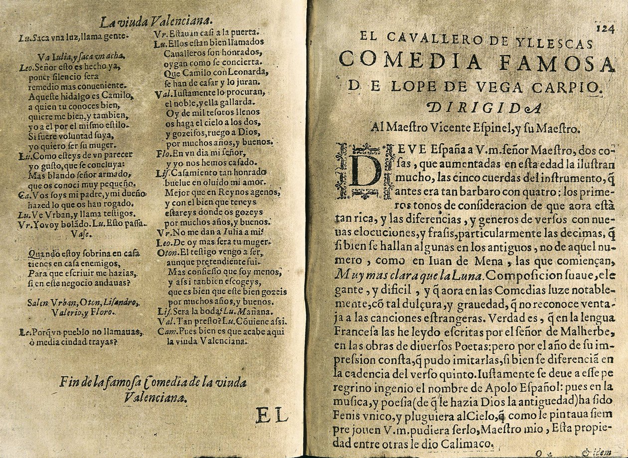 ESPINEL, Vicente (1550-1624)。スペインの音楽家、古典詩人; VEGA CARPIO, Felix Lope de (1562-1635).「El cavallero de Yllescas"、フェルナン未亡人がマドリードで出版した "Parte catorze de las comedias de Lope de Vega "に収録された喜劇。 作： スペイン語学校