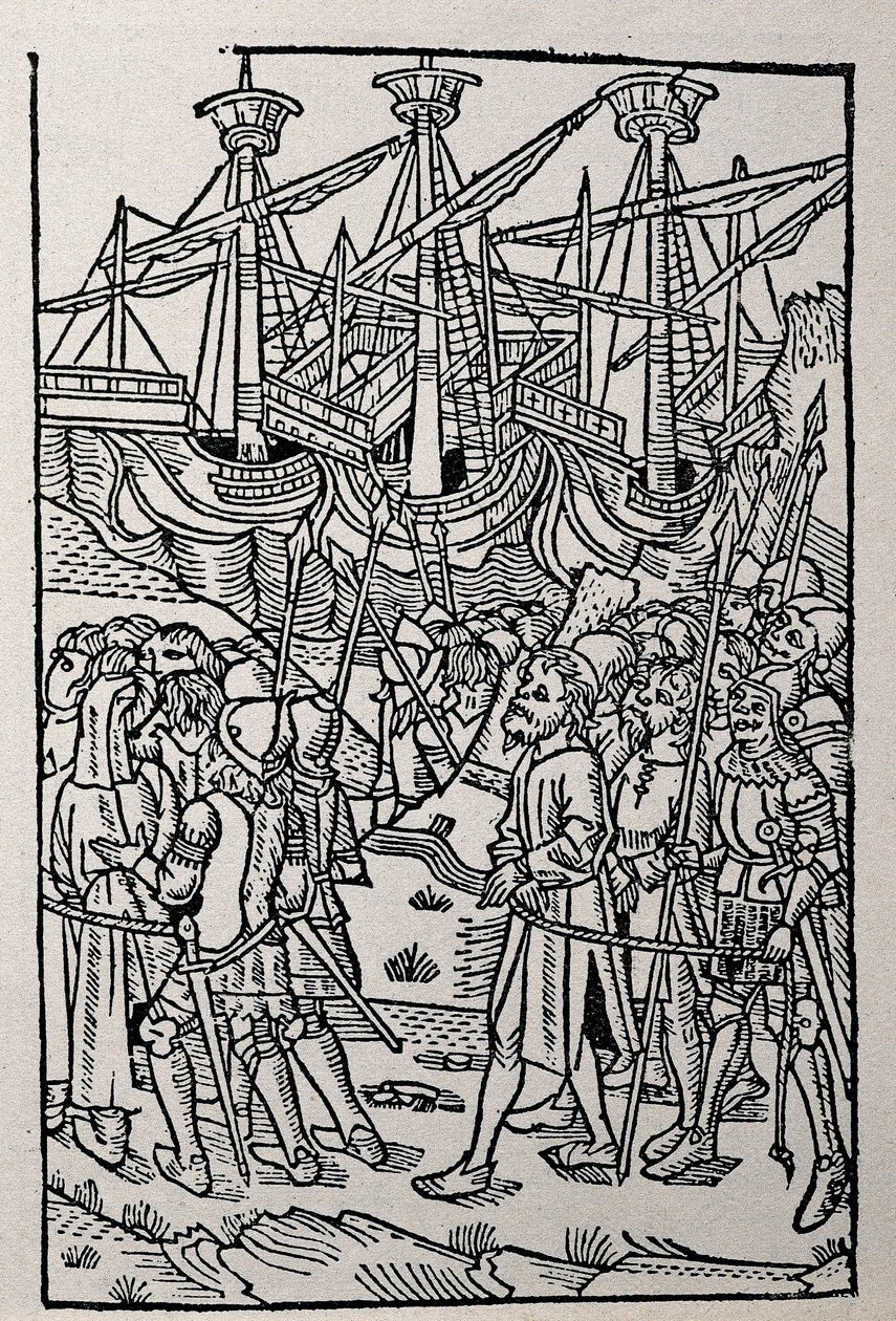 1495年にサラゴサで印刷された『ヴェスパシアヌスの歴史』のエングレーヴィング（モノクロのイラスト 作： スペイン語学校
