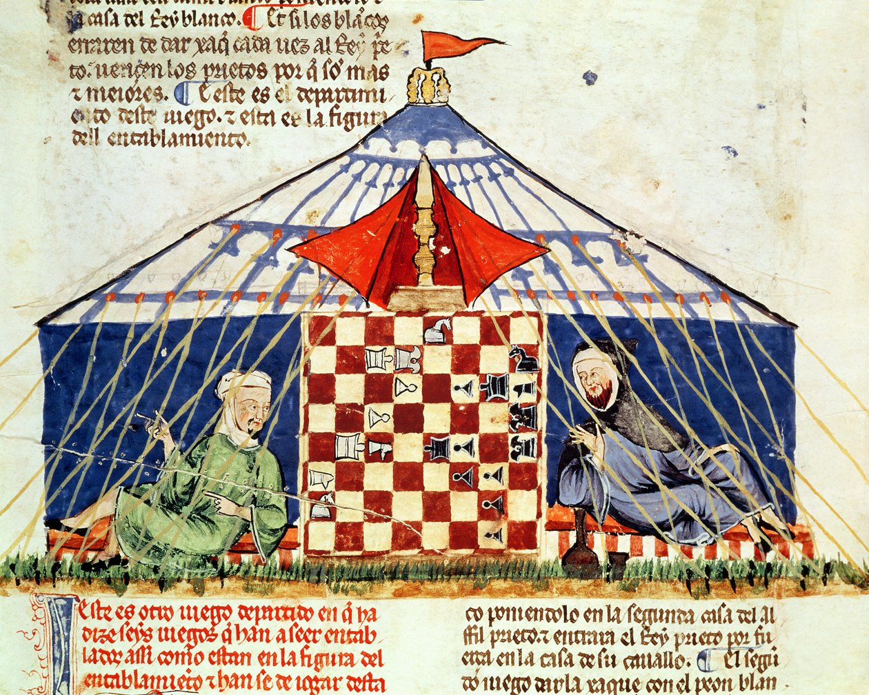 Fol.62vゲームの本、チェス、サイコロとボード、1282からテントでチェスをする2人のアラブ人 作： スペイン語学校