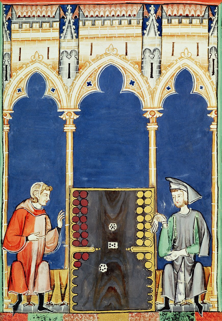 Fol.85vゲームブック、チェス、ダイス、ボードの2人のバックギャモンプレーヤー、1282 作： スペイン語学校