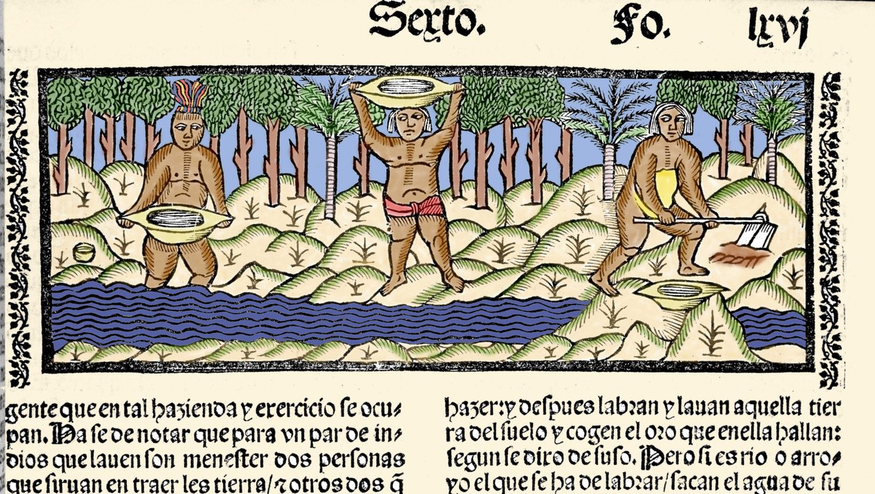 金の採掘：金を求めて川をふるいにかける先住民たち。Gonzalo Fernandez de Oviedo (Gonzalo) or Fernandez de, ou Hernandez de Oviedo y Valdes (1478-) の著書「Historia general de las Indias, islas y tierra firme del mar oceano」からの挿絵。 作： スペイン語学校