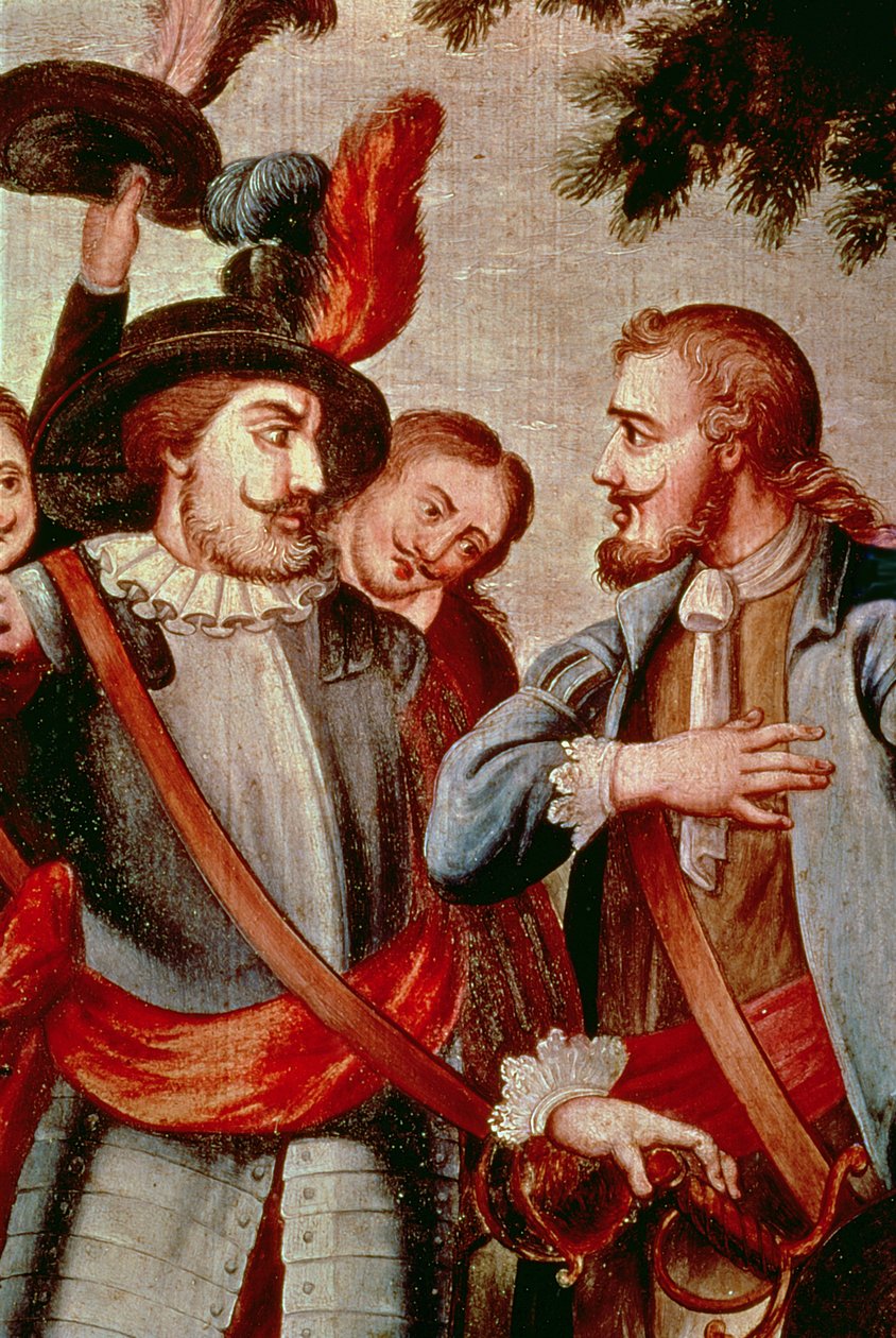 Hernando Cortes (1485-1547) と Diego di Velasquez (1465-1524) (キャンバスに油彩) (詳細) (113574 を参照) 作： スペイン語学校
