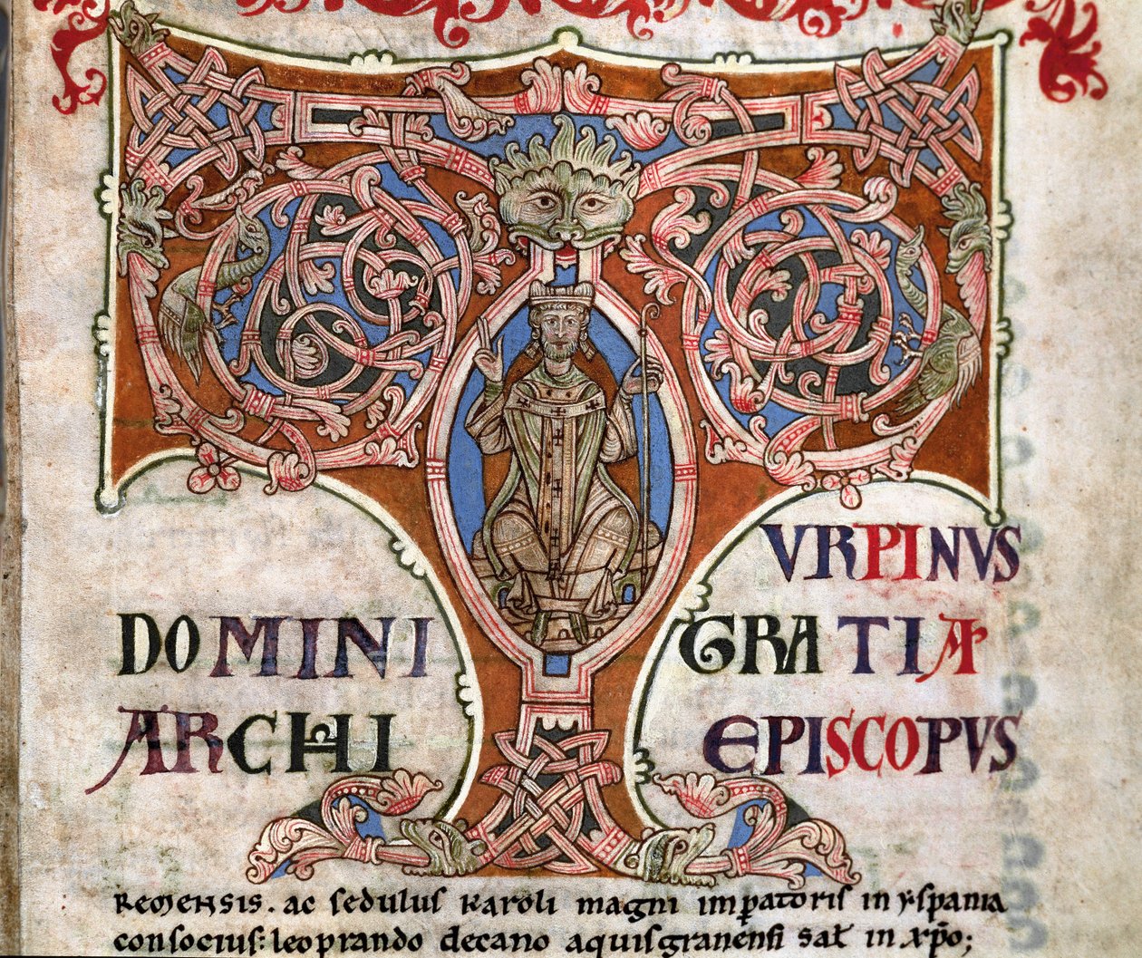シャルルマーニュの描写を含む頭文字T、コーデックスカリクティヌスのイラスト、c.1140 作： スペイン語学校