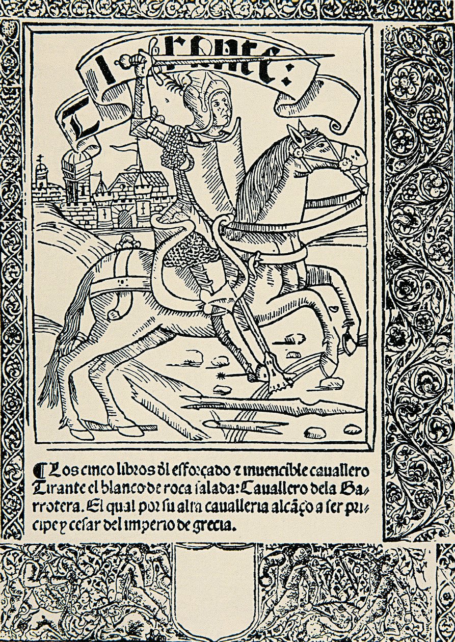 騎乗する騎士、Joanot MARTORELL（1413-1468）のスペイン作品「Tirant lo blan」の扉絵。 作： スペイン語学校