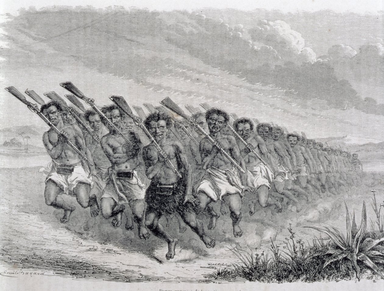 マオリ族の戦士が戦争の踊りを披露、「世界への回帰」のイラスト（彫刻） 作： スペイン語学校
