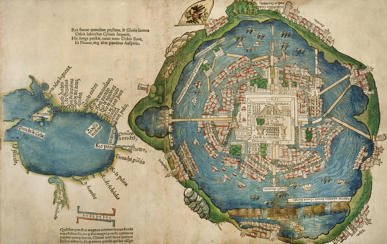 テナンチティトランとメキシコ湾の地図、ヘルナンドコルテス（1485-1547）1524によるPraeclara Ferdinadi Cortesii de Nova maris Oceani Hyspania Narratioから 作： スペイン語学校