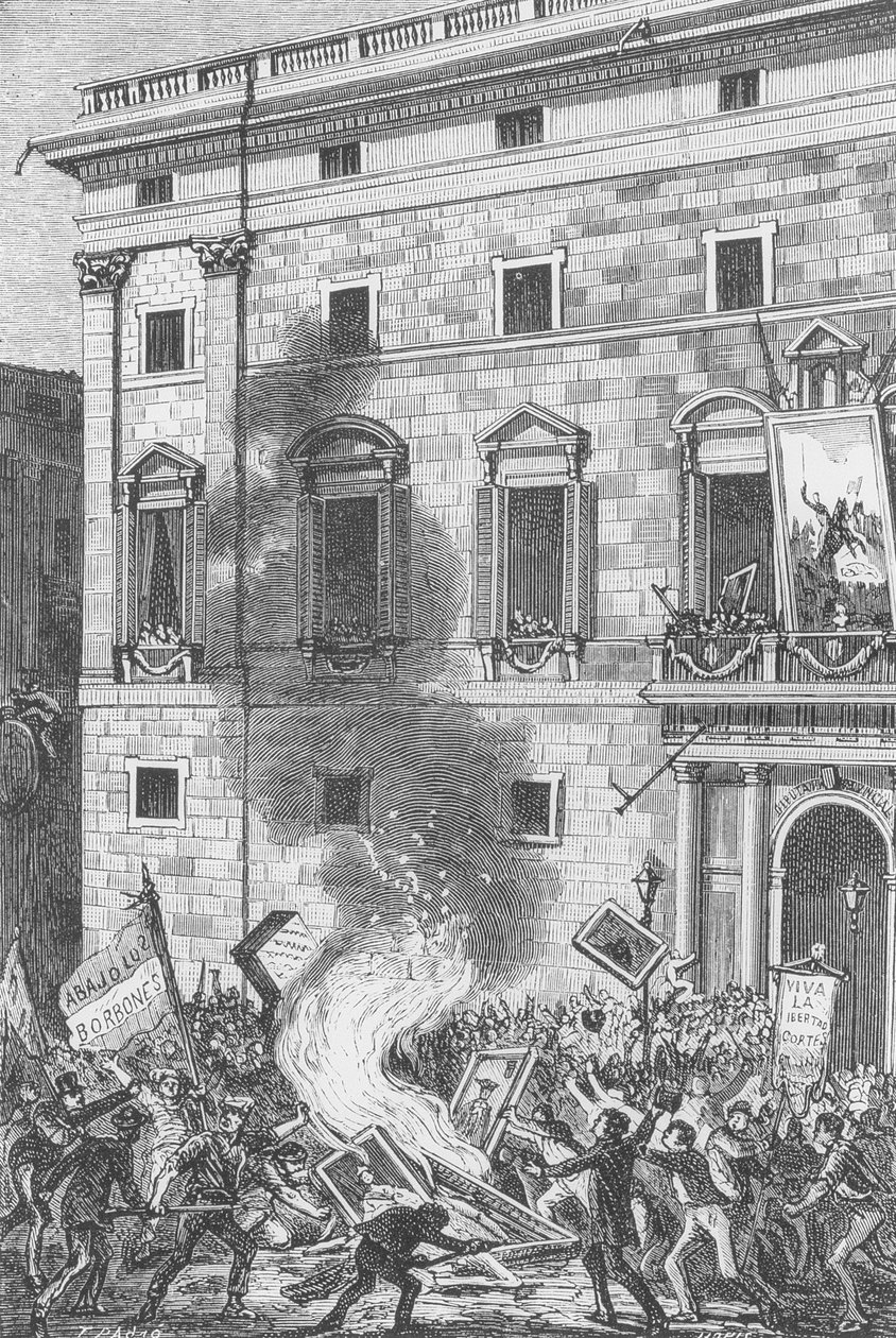 バーボンの肖像画を燃やすバルセロナの人々、1868年（彫刻） 作： スペイン語学校