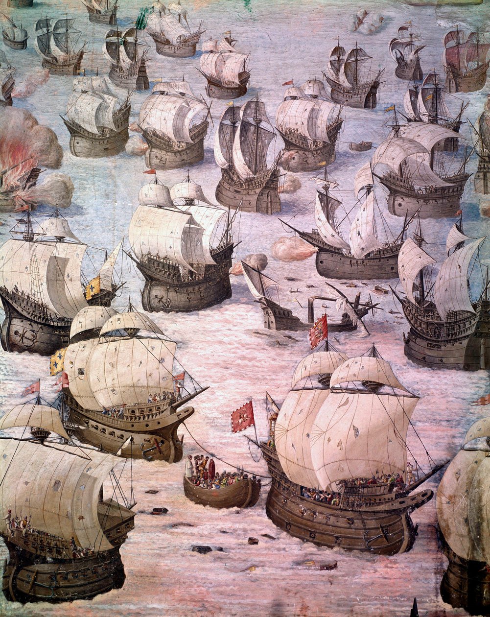 1582年、スペイン王フィリップ2世(1527-1598)のもとで行われたアコーレス諸島遠征の際のスペインのガレオン船のレガッタ。16世紀のフレスコ画。マドリード、エスコリアル宮殿の戦闘の間。 作： スペイン語学校