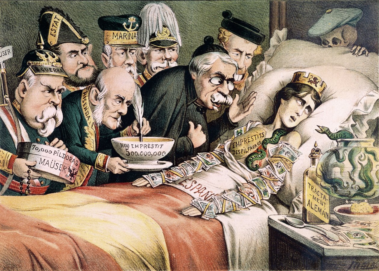 殉教者の苦悶、スペインの経済危機に関連した風刺画、1892年