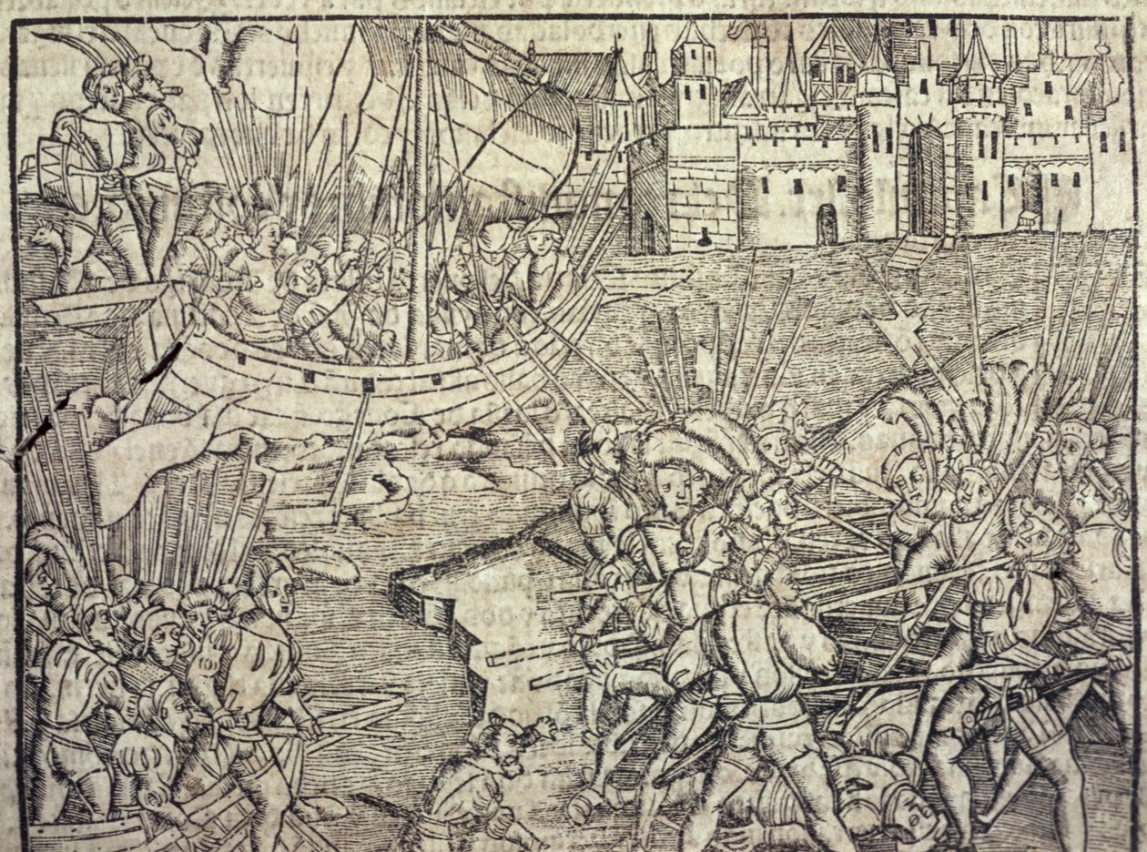 ペルーの征服、フランシスコ・ロペス・デ・ゴマラによる「インドと新世界の一般史」のイラスト（b.1510）1554（彫刻） 作： スペイン語学校