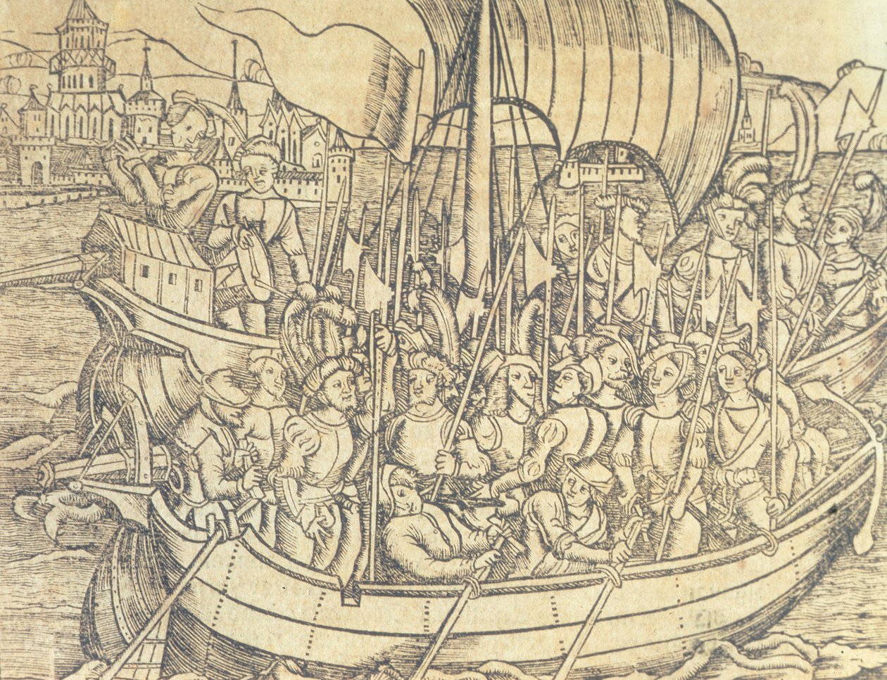 クリストファー・コロンブス (1450-1596) による新世界の発見フランシスコ・ロペス・デ・ゴマラ (b.1510) による「インディーズと新世界の一般史」のイラスト (彫刻) 作： スペイン語学校