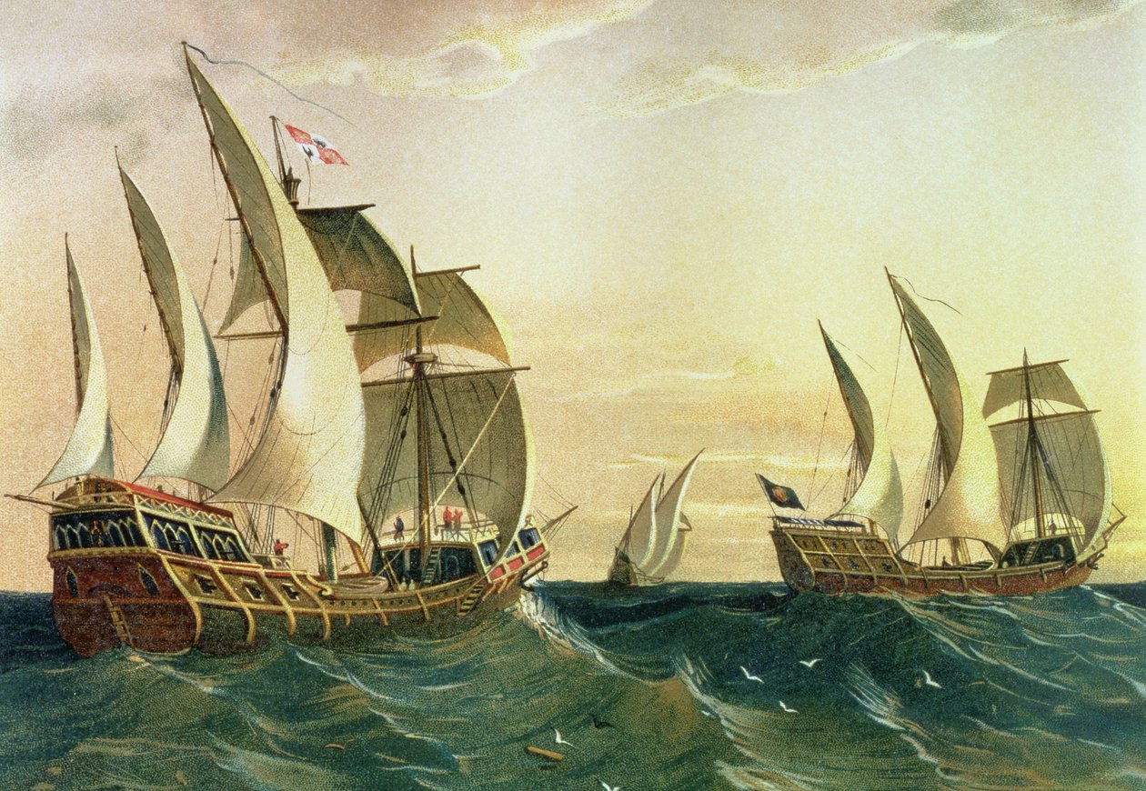 1492 年に西インド諸島に向かって航海する「ピンタ号」、「ニーナ号」、「サンタ マリア号」、「アメリカの発見」より 作： スペイン語学校