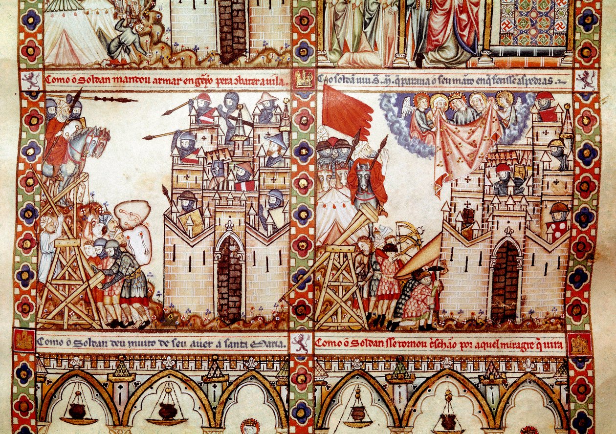 サラセン人によるキリスト教都市の包囲 聖マリアの歌（Cantigas de Santa Maria）」の写本の1ページからの詳細 聖マリアとその奇跡に捧げられた細密画を飾る、アルフォンの支配下で再制作された歌のコレクション 作： スペイン語学校