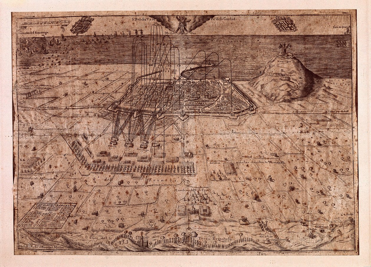 スペインのフィリップ4世（1605年〜1665年）の軍隊が海と陸を使ってバルセロナを本拠地とした、カタルーニャ地方の引き上げ、または刈り取り人の戦争（1640年〜1659年）。1652年のエングレーヴィング。バルセロナ市歴史博物館。 作： スペイン語学校