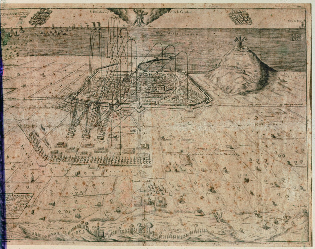 1640 年から 1652 年の死神の戦争中のフェリペ 4 世の軍隊によるバルセロナ市の包囲 (彫刻) 作： スペイン語学校