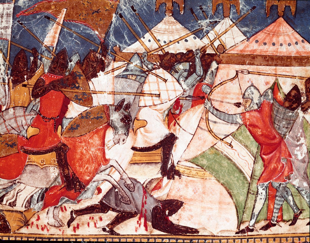 トロイア戦争：トロイア人がギリシャ人戦士の軍営に侵入する。スペインの写本 "Codex Benito de Santa Mora "の細密画の詳細 作： スペイン語学校