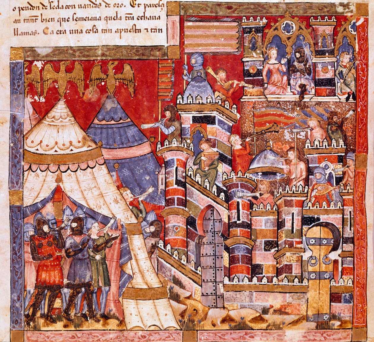 トロイ戦争：トロイの街とギリシャ人の野営地。スペインの写本 "Codex Benito de Santa Mora "の細密画のディテール 作： スペイン語学校