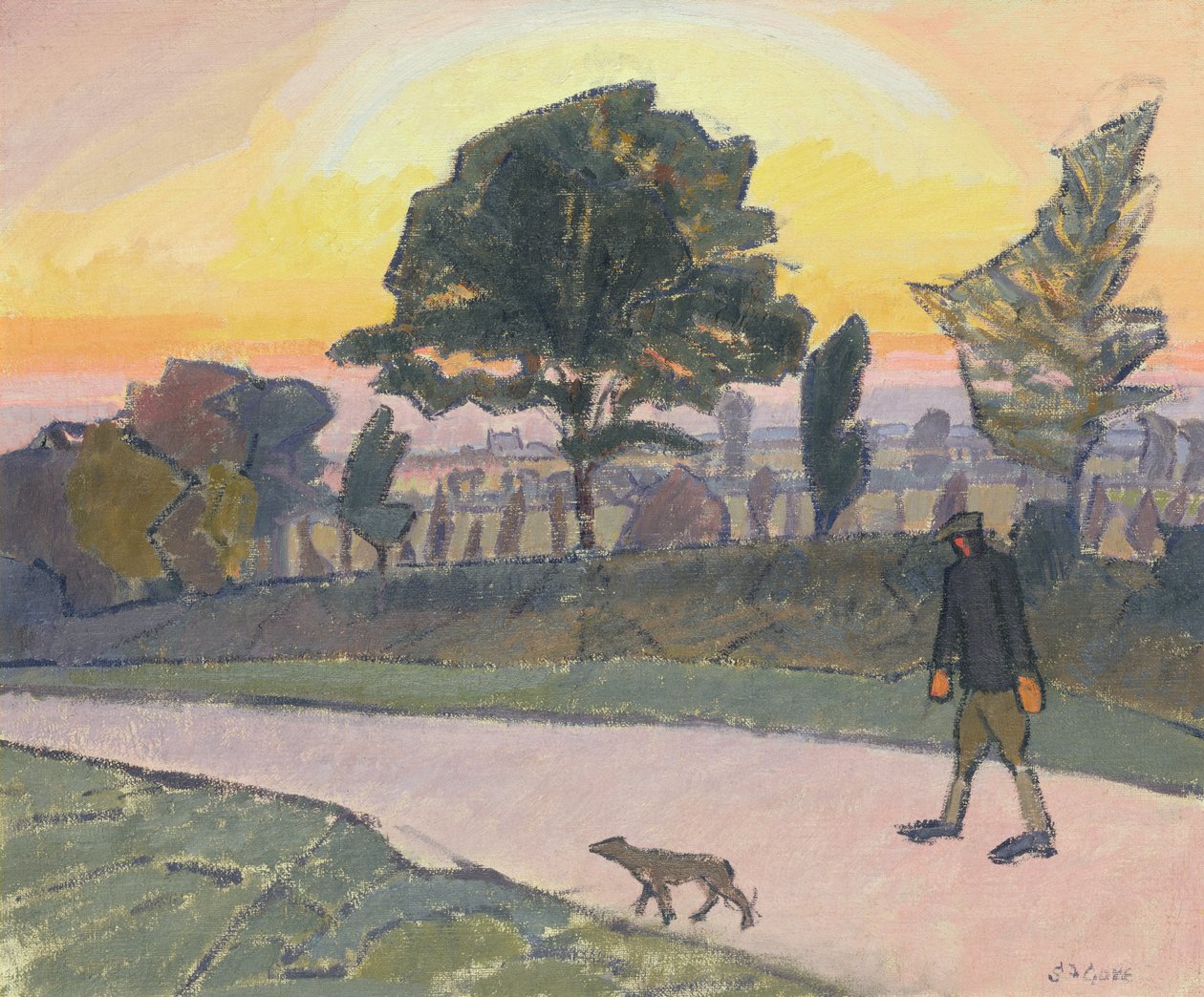日没、レッチワース、人と犬、1912 作： スペンサーフレデリックゴア
