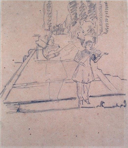 The Musicians at the Footlights, c.1910 (pencil on buff paper) 作： スペンサーフレデリックゴア