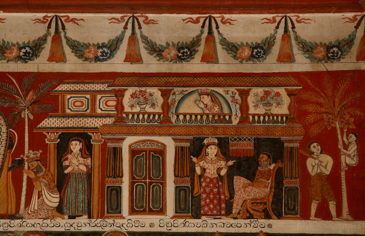 デヒワラのサブダーラマ寺院にあるシンハラの家を描いた壁画（壁画） 作： スリランカの学校