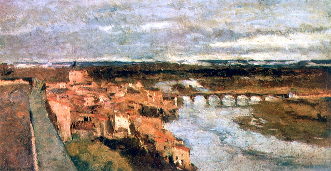 村と橋のある風景、c1855-1892 作： スタニスラス・レパン