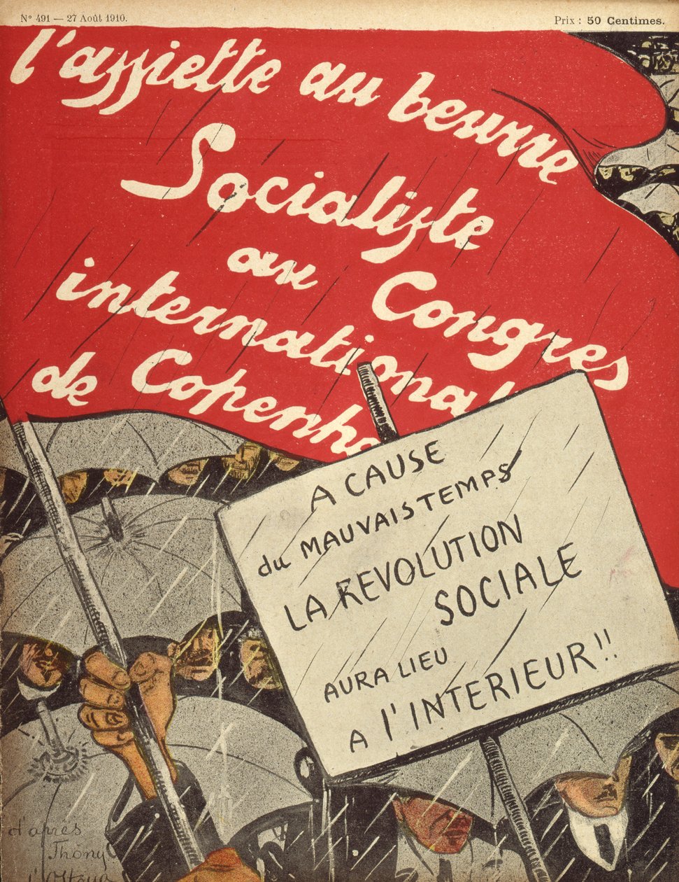 悪天候のため、社会革命は屋内で行われます。1910年8月27日、LAssiette au Beurreのタイトルページ（カラー彫刻） 作： スタニスラフ・オストヤ・クロストフスキー
