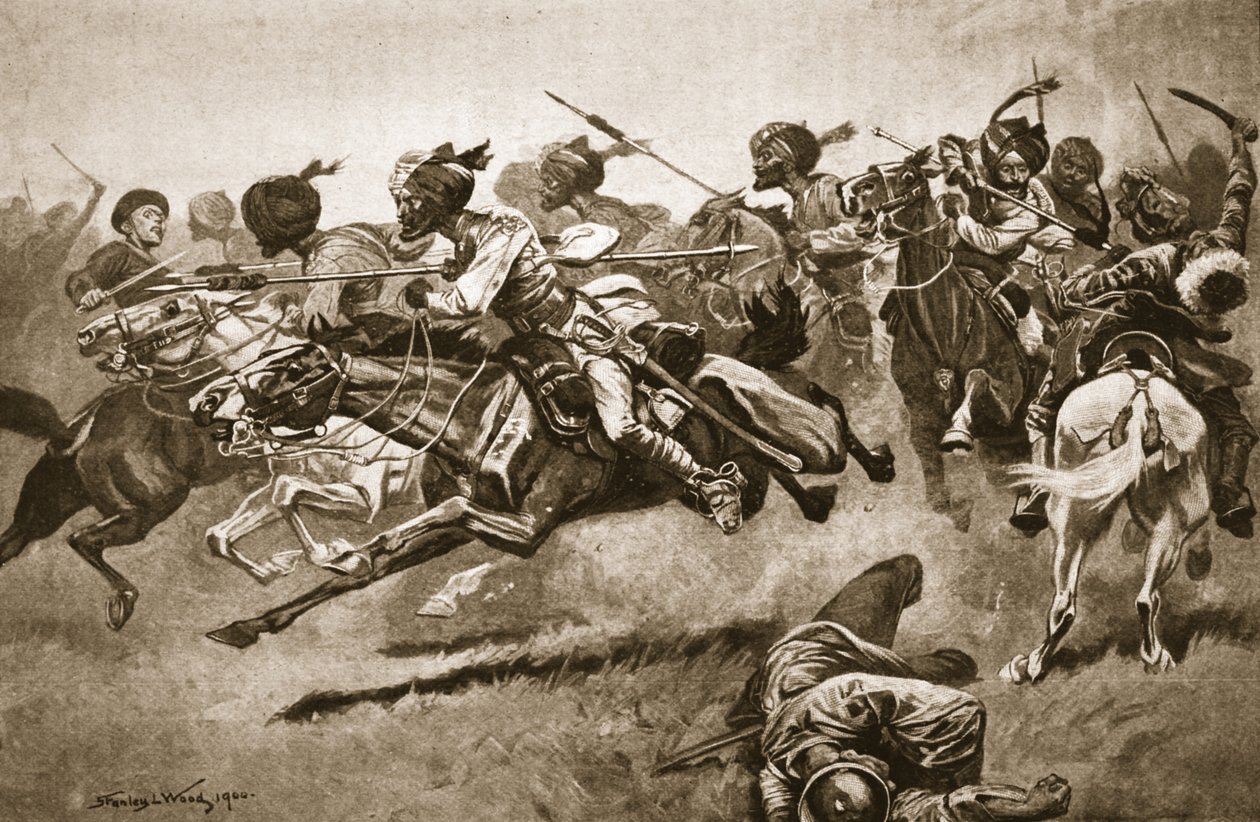 パオティンフーへの遠征について。ベンガル・ランサーズの突撃（「Battles of the Nineteenth Century:アーチボルト・フォーブス、G.A.ヘンティ、アーサー・グリフィス少佐による「19世紀の戦い：第7巻、1900-1901年の中国戦争」の挿絵（リトグラフ）。 作： スタンリーL.（後）ウッド