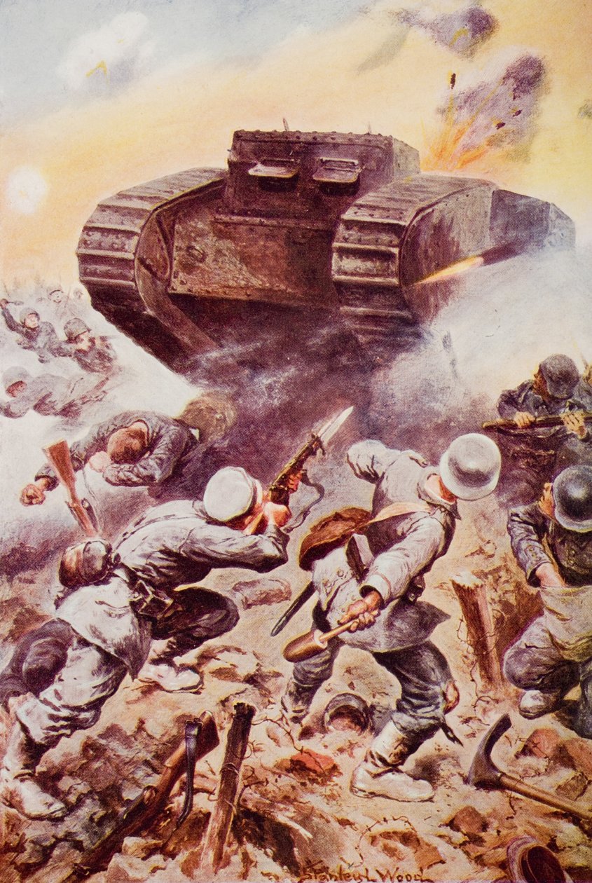 H.G.ウェルズ著「歴史の輪郭」第2巻（1920年発行）の挿絵「行動する戦車」（カラーリトグラフ 作： スタンリーL.（後）ウッド