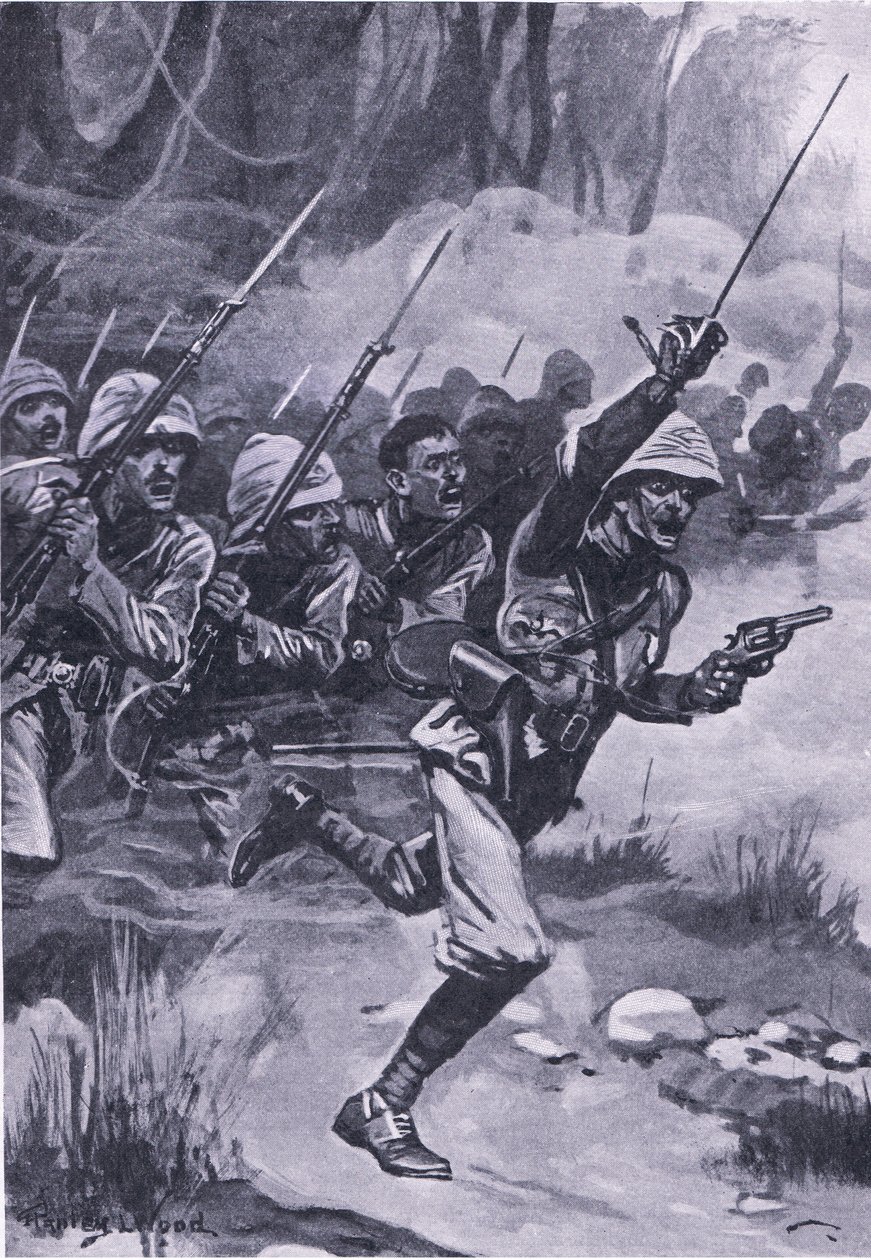 1874年1月31日、アモアフルでアシャンティ族を攻撃するイギリス人、イギリスと陸海の戦い1915年のイラスト 作： スタンリー・L・ウッド