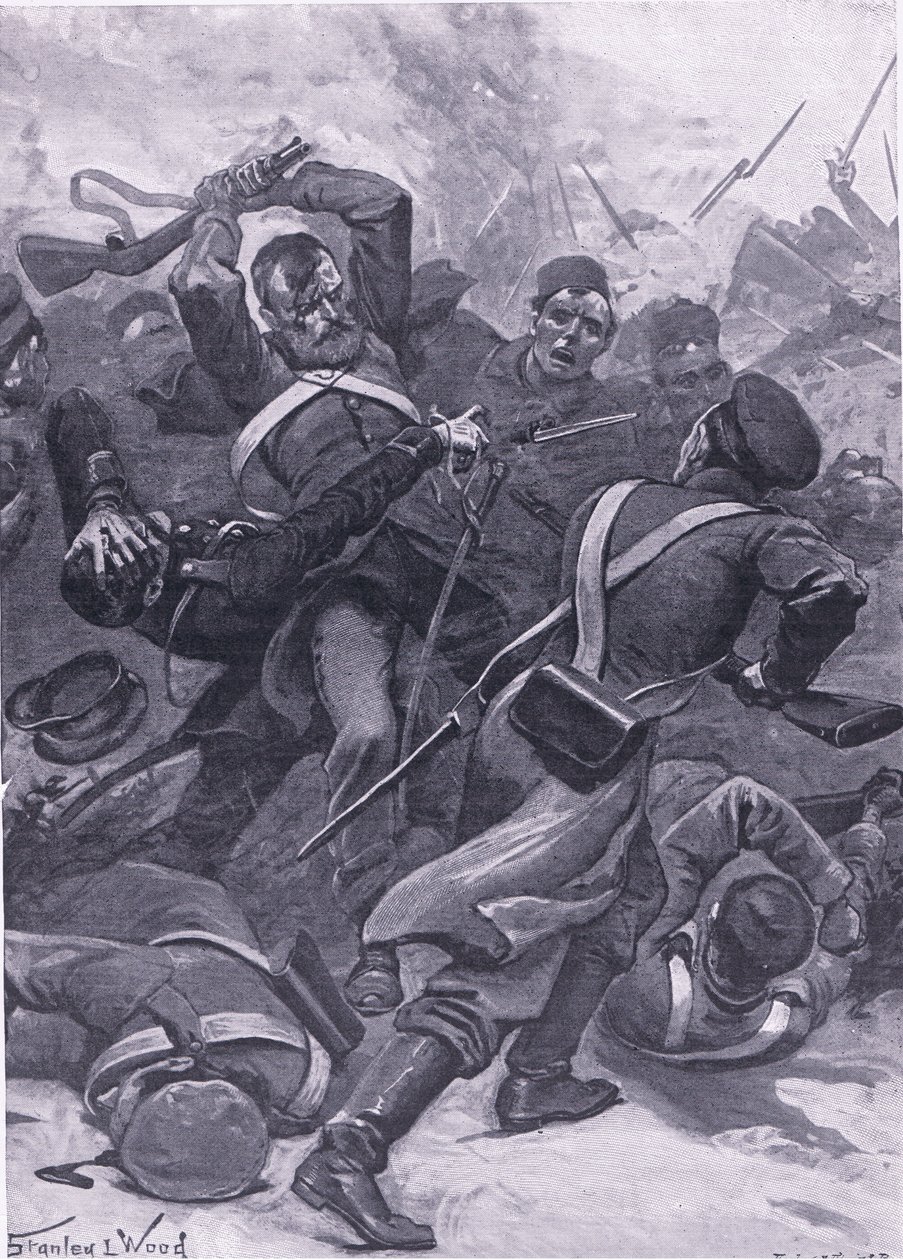 インカーマン：ロシア人に請求する第55（第2国境）連隊、陸と海でのイギリスの戦いのイラスト、1915 作： スタンリー・L・ウッド