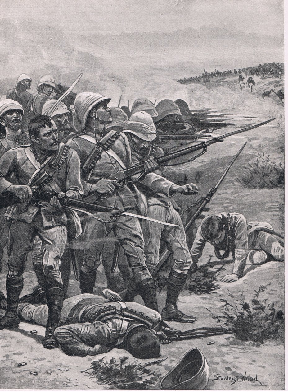 1885年1月19日、ABU-Kruの広場、イギリスと陸海の戦いのイラスト、1915 作： スタンリー・L・ウッド