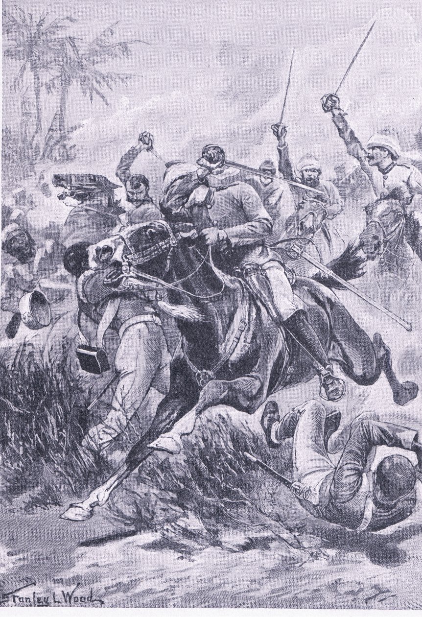 1857年6月30日、ラクナウ外での騎兵隊のボランティア、陸と海でのイギリスの戦い、1915年のイラスト 作： スタンリー・L・ウッド