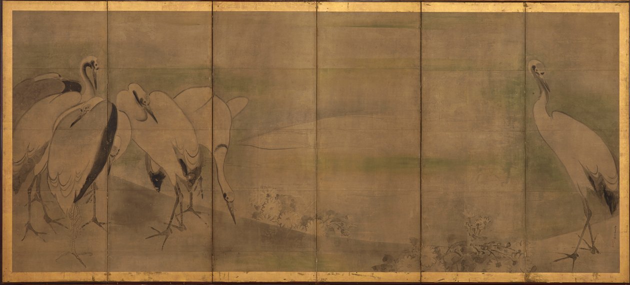 鶴と菊、桃山または江戸時代、1568-1868。 作： 宗達