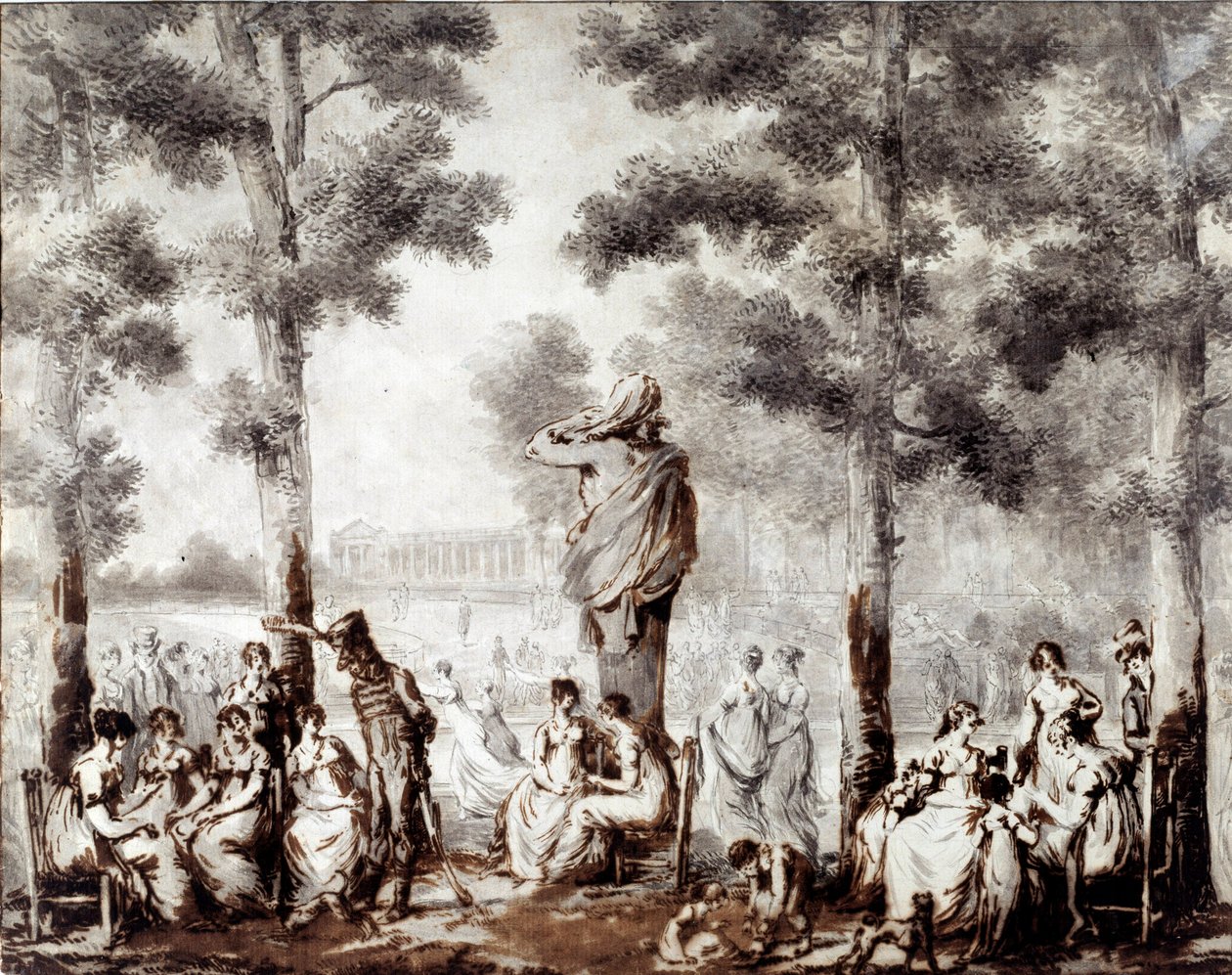 1807 年のチュイルリー テラスの眺め 公園への世界出口。 Jean Pierre Norblin De La Gourdaine（1745-1830）によるドローイング1807年パリ、カルナヴァレ美術館 作： ステファン・ユリウス・ノルブリン・デ・ラ・グルデーヌ