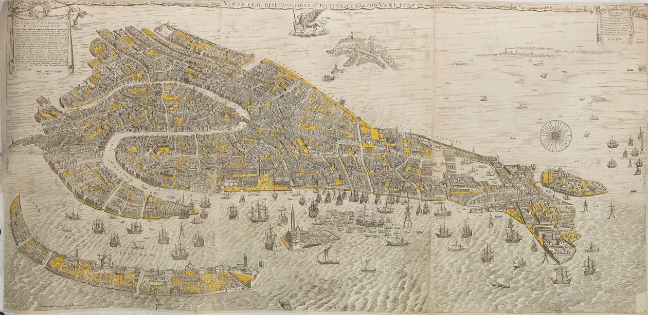 ベネチアから含まれている引用の実際と実際の描画。ヴェネツィアのパノラマ、1676年。 作： ステファノ・スコラーリ