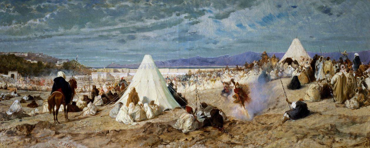 タンジールでのモハメッドの祝賀会、Stefano Ussi（1822-1901）による絵画、油彩・キャンバス、48, 5x117, 5 cm 作： ステファノ・ウッシ